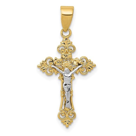 14k Yellow Gold Two-Tone Small Lacy-Edge Inri Crucifix Pendant